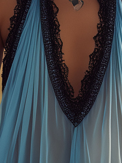 Western Retro Black Lace Blue Sleeveless Chiffon Shirt