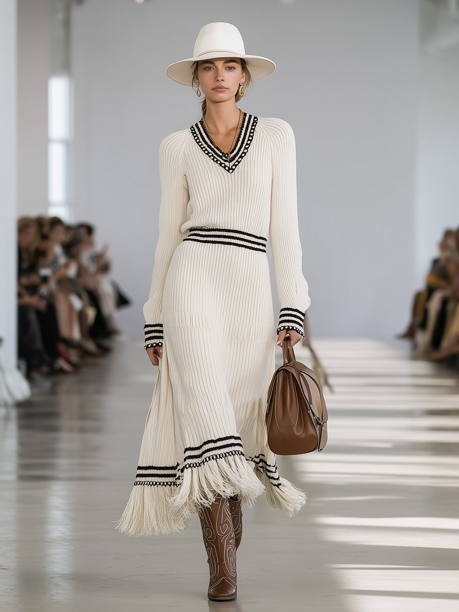 Western-style White Patchwork Black Striped Tassel Maxi Dress