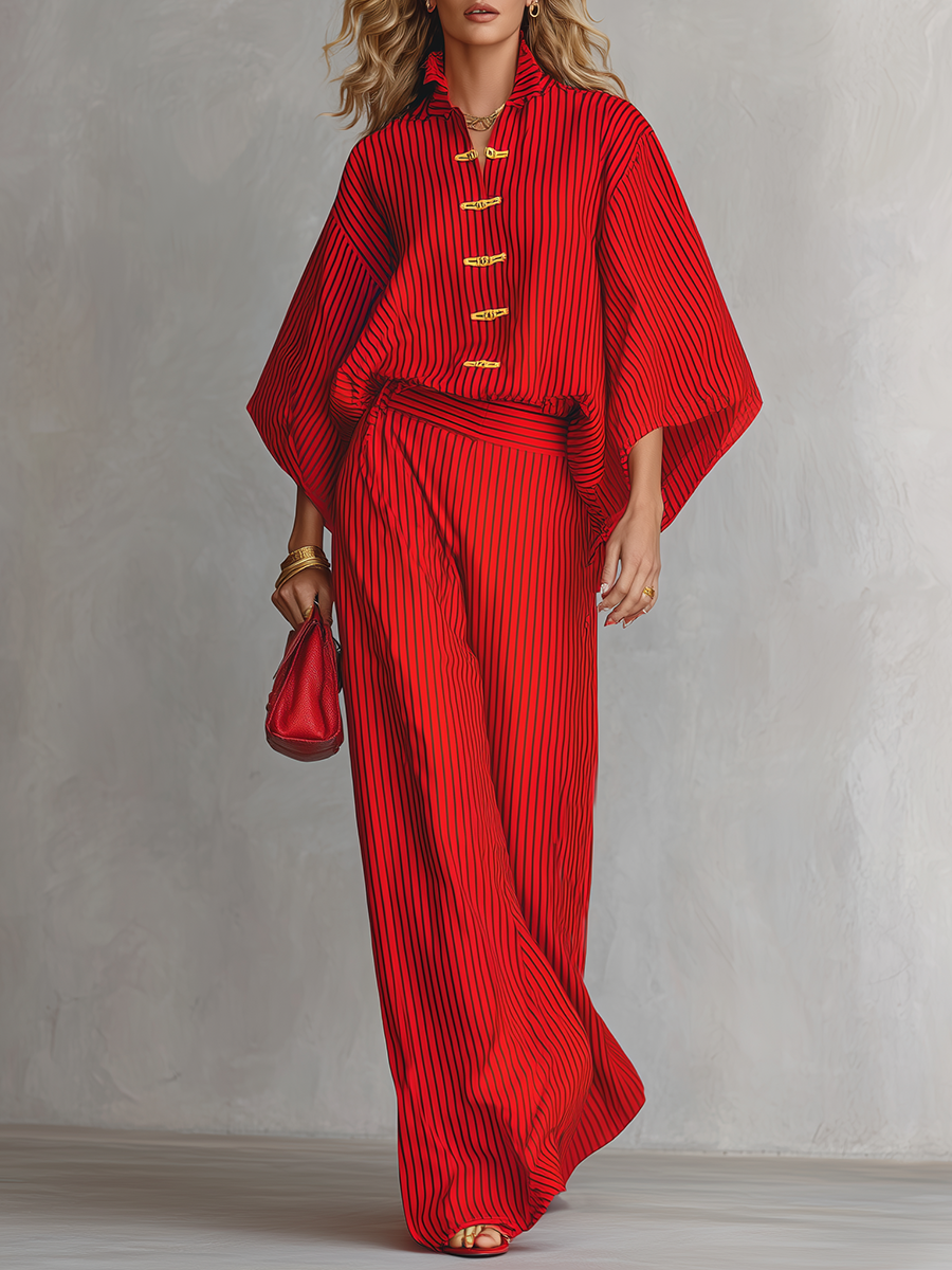 Stylish And Sophisticated Wide-sleeved Shirt With Frog Closures And Wide-leg Pants Set