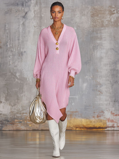 Pink V-neck Button-up Irregular Knit Long-sleeved Midi Dress