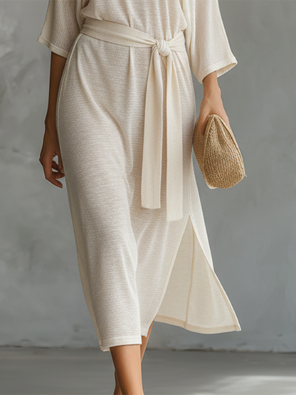 Lazy And Elegant Off-shoulder Short-sleeved Slit Midi Dress