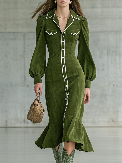 Retro Western-style Contrasting Color Trim Faux Suede Midi Dress