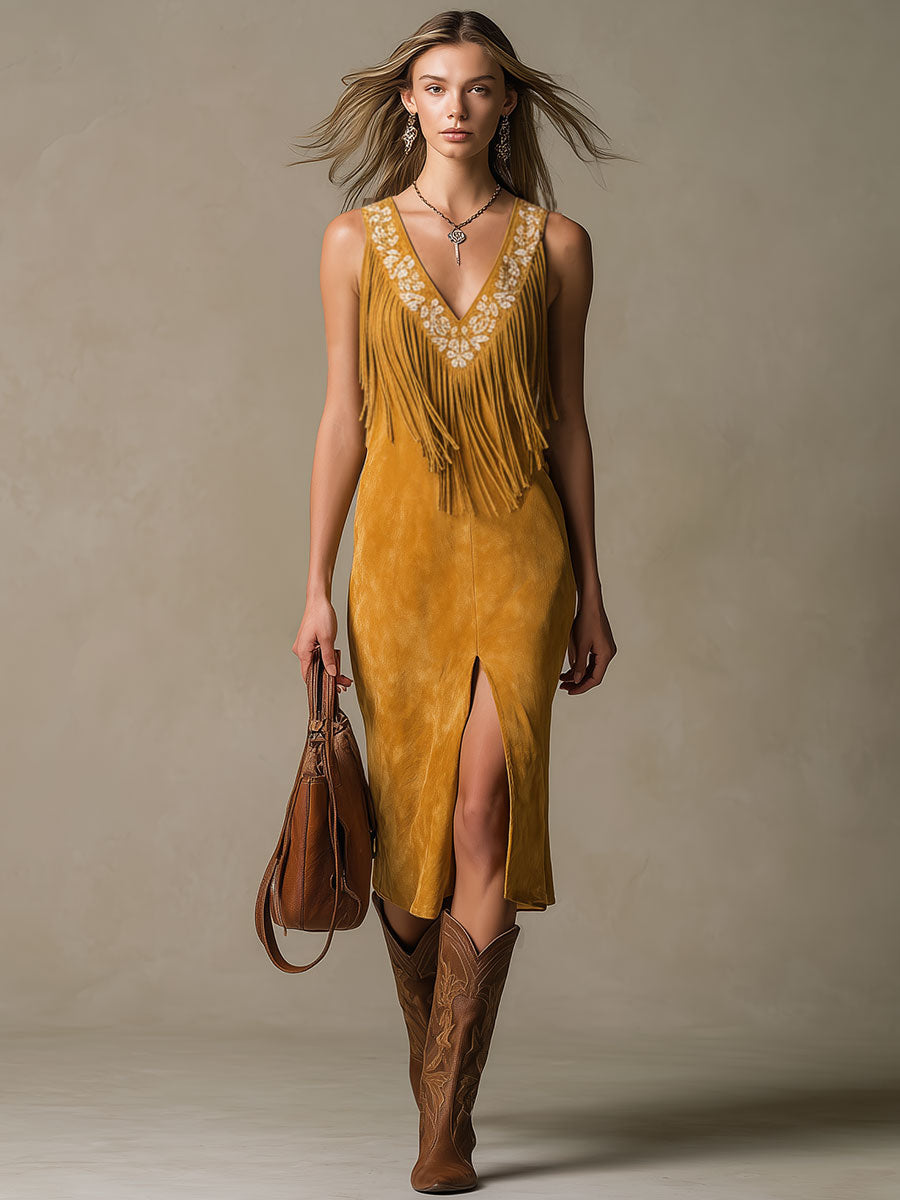 Western-style Retro Embroidered Brown Tassel Sleeveless Faux Suede Midi Dress