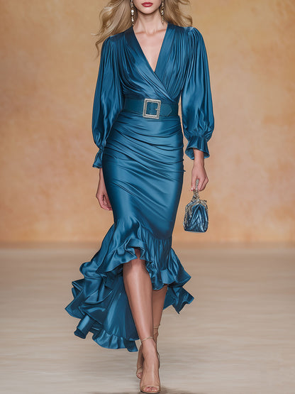 Elegant And Sophisticated Blue Satin Midi Dress