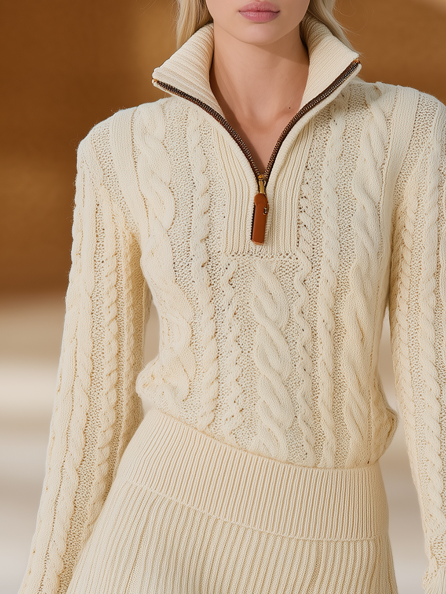 Retro Sporty Off-white Cable Knit Sweater And Skirt Set