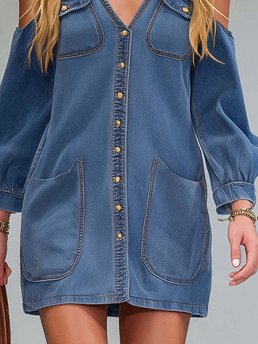 V-neck Multi-pocket Off-the-shoulder Denim Mini Dress