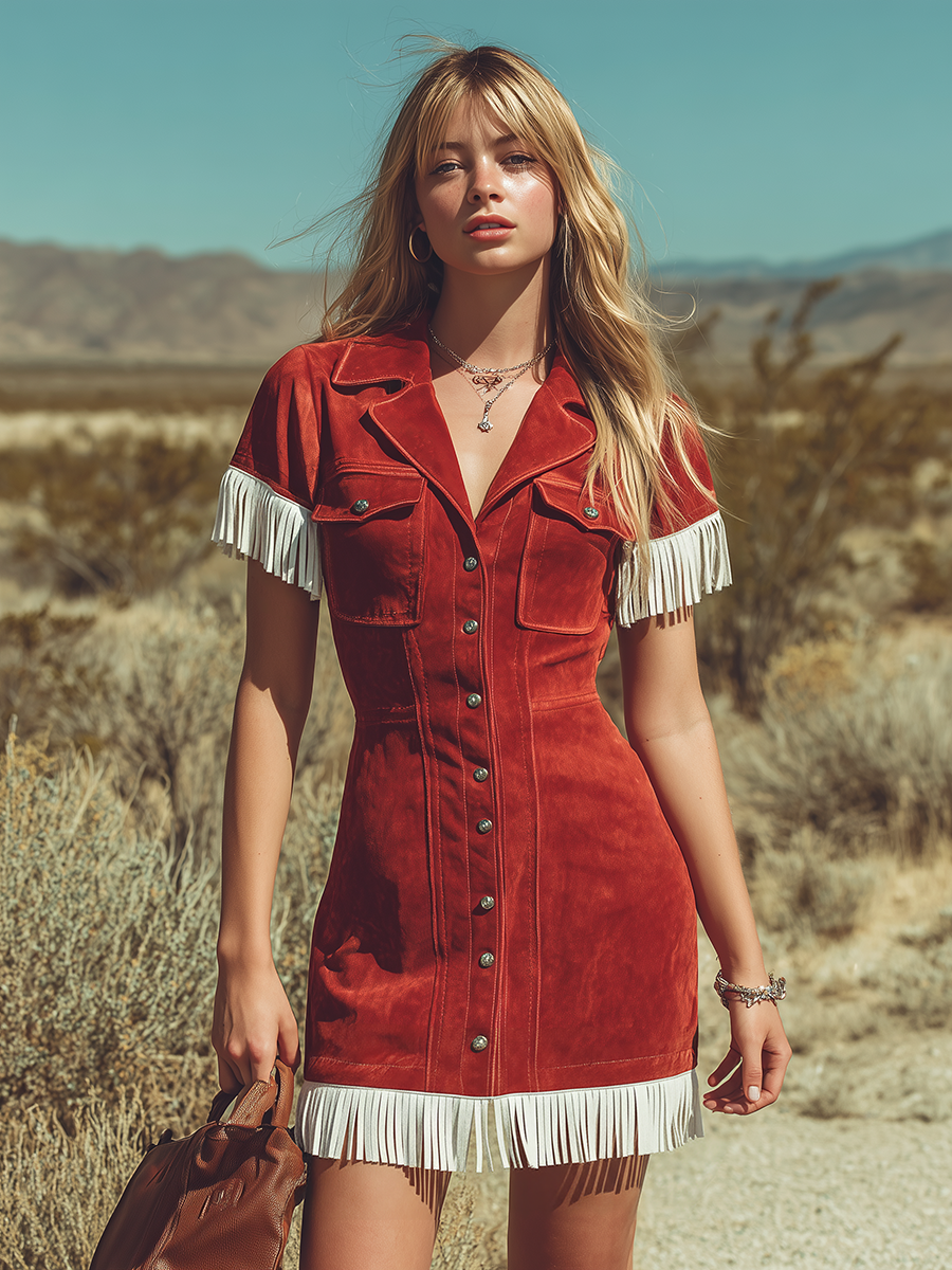 Retro Western-style Lapel Color-block Fringed Suede Mini Dress