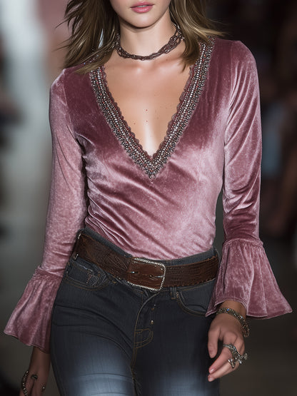 Pink Velvet V-neck Spliced with Ribbon Flared Top