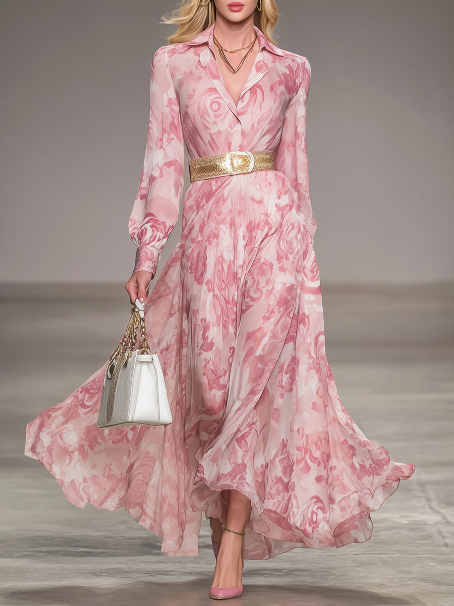 Vintage Pink Chiffon Rose Textured Shirt Collar Maxi Dress