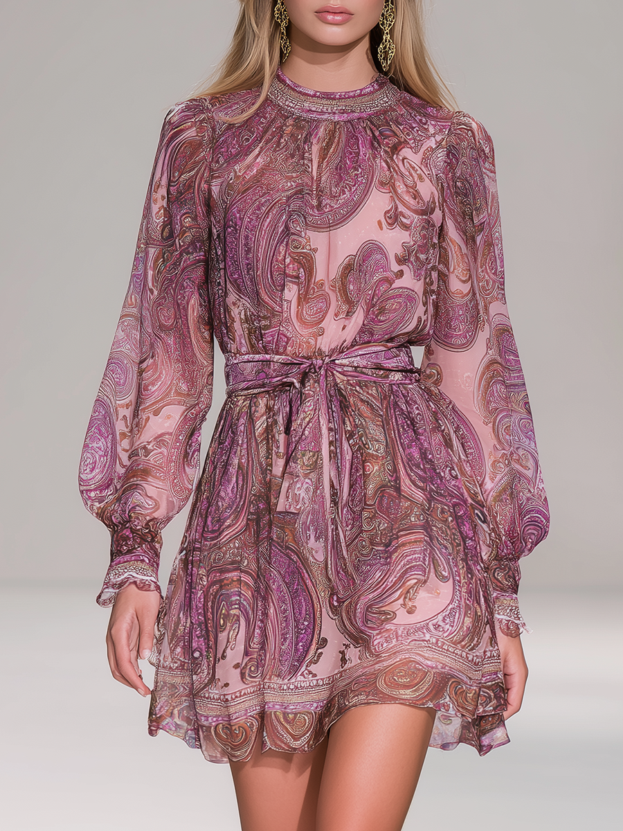 Retro Bohemian Style Paisley Print Chiffon Mini Dress