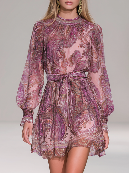 Retro Bohemian Style Paisley Print Chiffon Mini Dress