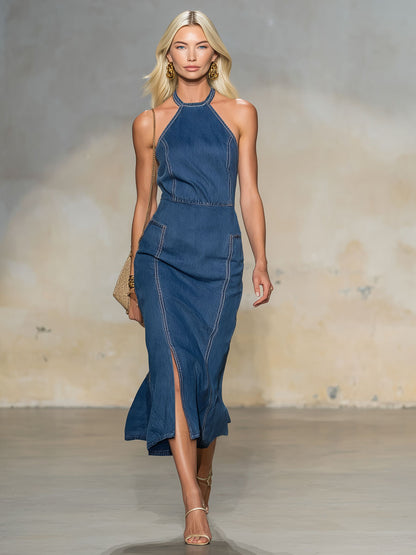 Halter Neck Round Neck Sleeveless Split Hem Denim Midi Dress