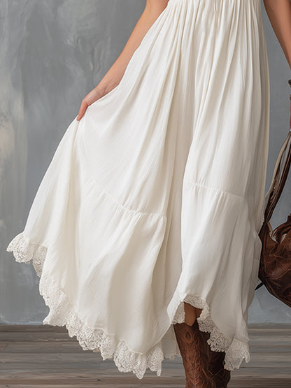 Exquisite Lace Trim White Chiffon V-neck Sleeveless Maxi Dress