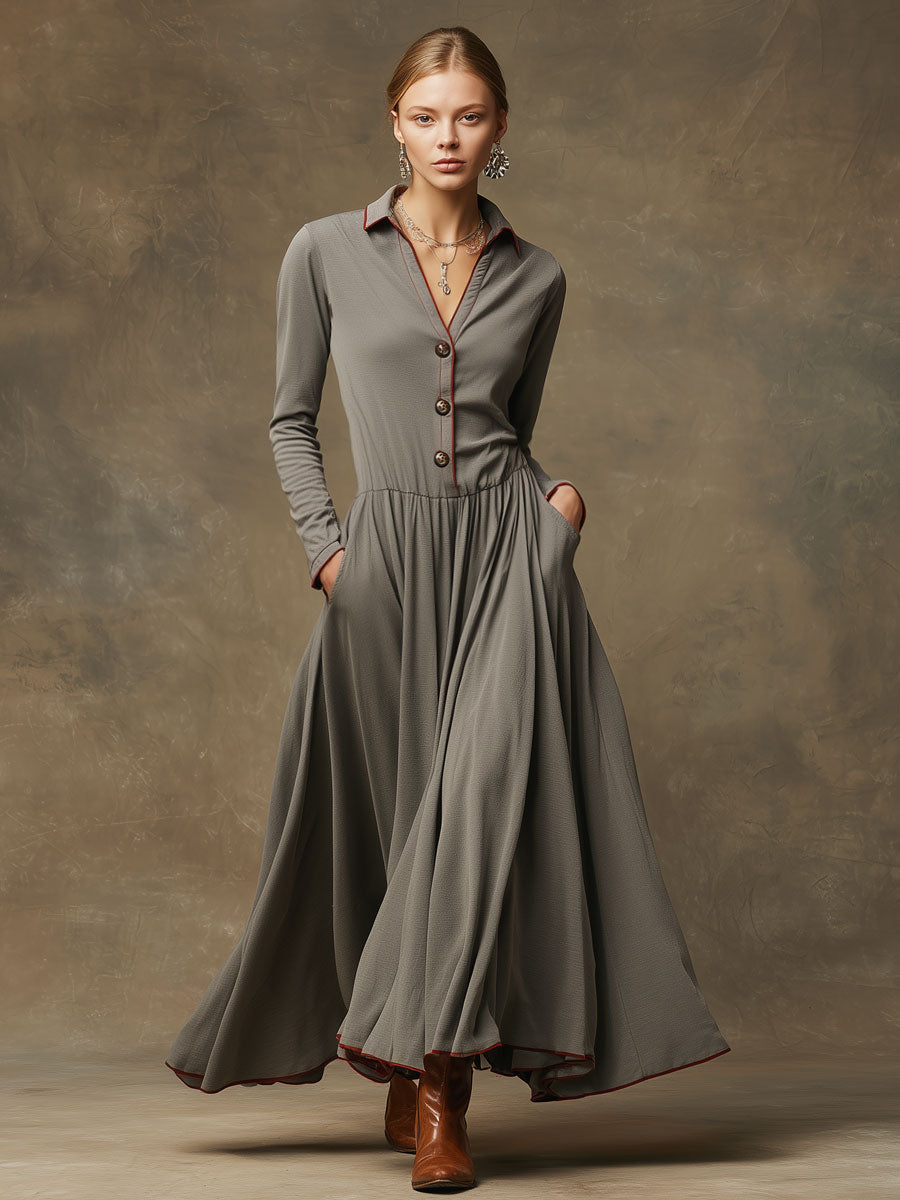 Fashionable Retro-trimmed Long-sleeved Grey Knit Cotton Pleated Maxi Dress
