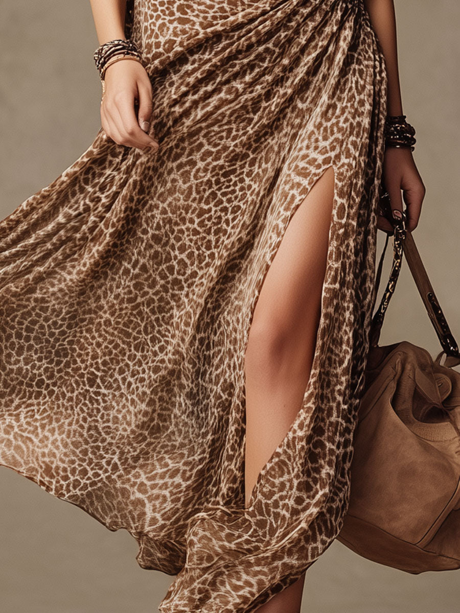 Loose-fitting Western Brown Leopard Print Slit Short-sleeved Faux Suede Midi Dress