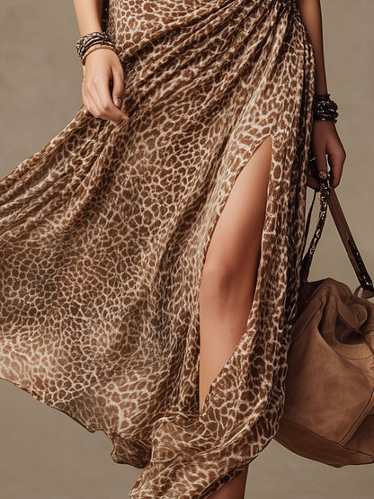 Loose-fitting Western Brown Leopard Print Slit Short-sleeved Faux Suede Midi Dress