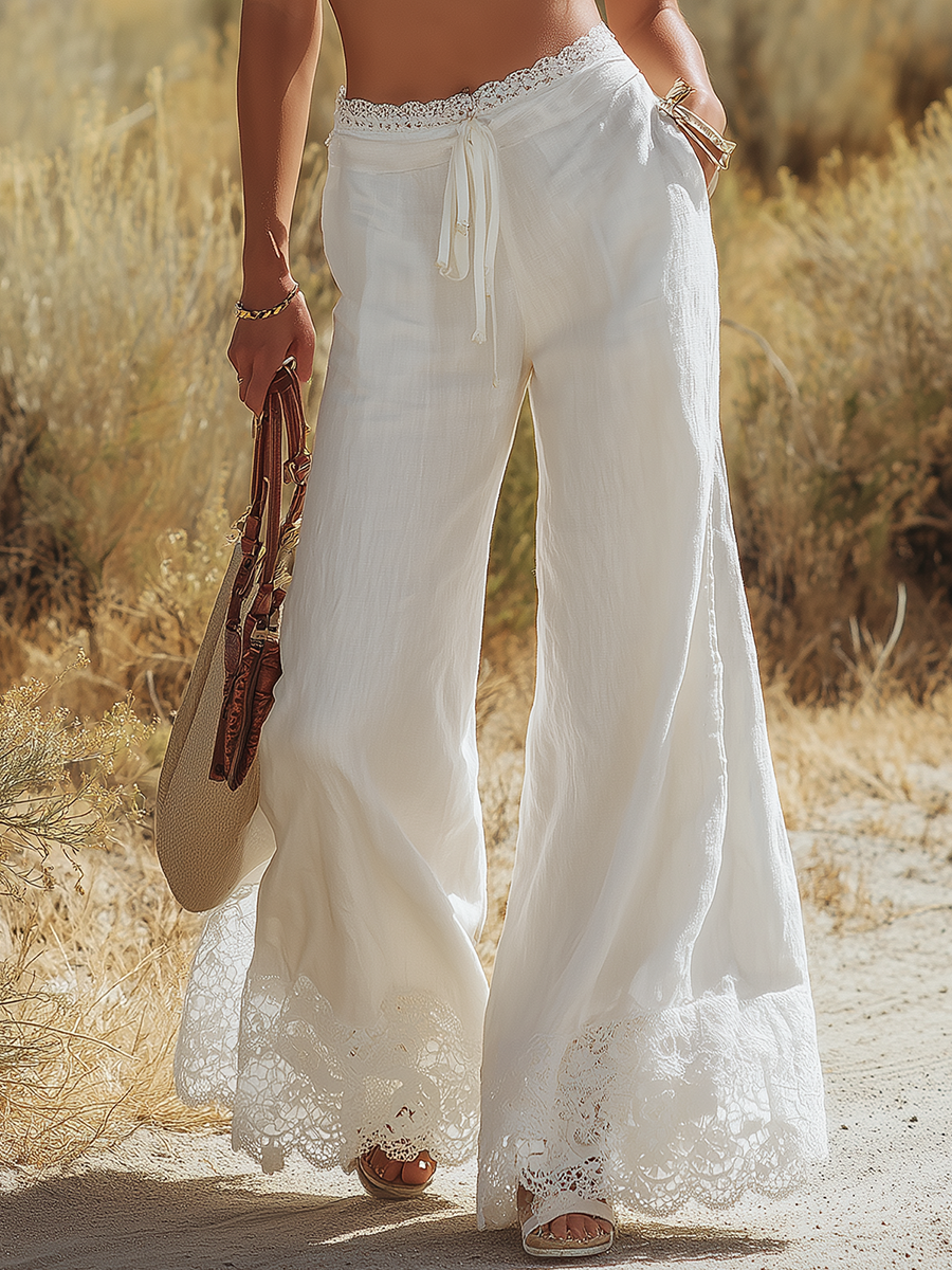 Vintage Western Style Lace-paneled Cotton And Linen Wide-leg Trousers