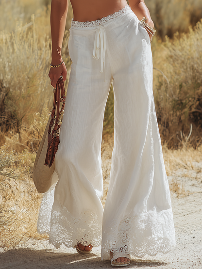 Vintage Western Style Lace-paneled Cotton And Linen Wide-leg Trousers