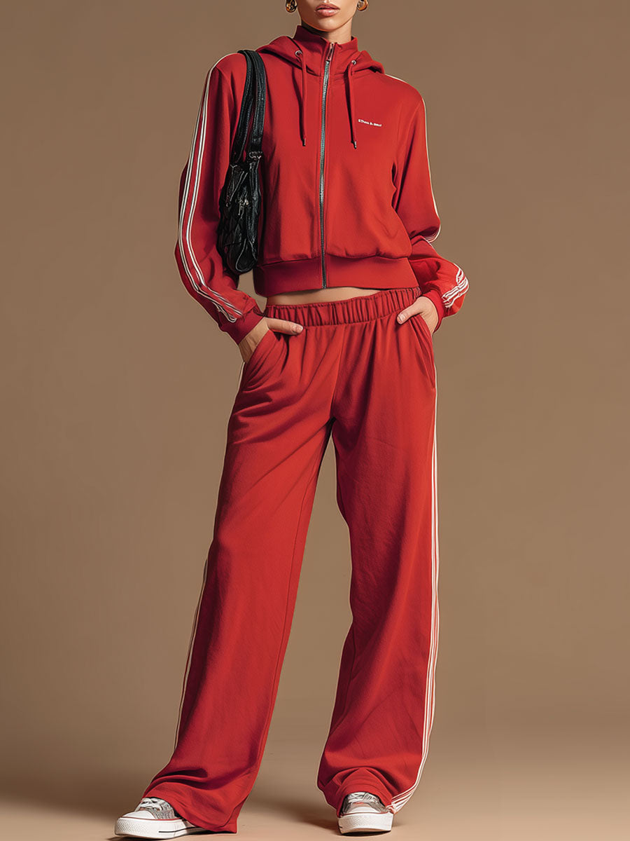 Sporty Retro Ribbon Embroidered Red Zipper Hooded Sweatshirt And Wide-Leg Pants Set