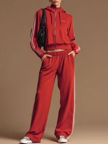 Sporty Retro Ribbon Embroidered Red Zipper Hooded Sweatshirt And Wide-Leg Pants Set