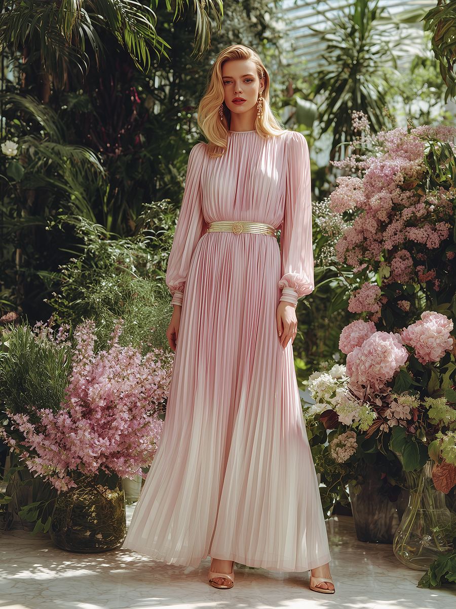 Elegant And Romantic Pleated Gradient Pink Chiffon Maxi Dress