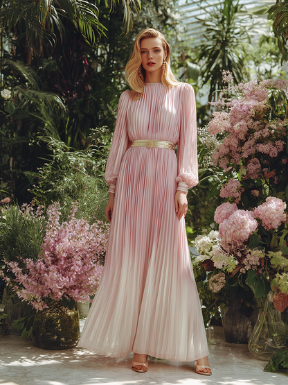 Elegant And Romantic Pleated Gradient Pink Chiffon Maxi Dress