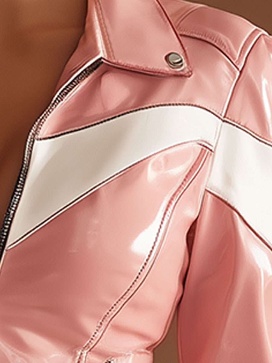 Stylish Retro-style Lapel White And Pink Faux Leather Jacket