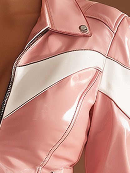 Stylish Retro-style Lapel White And Pink Faux Leather Jacket