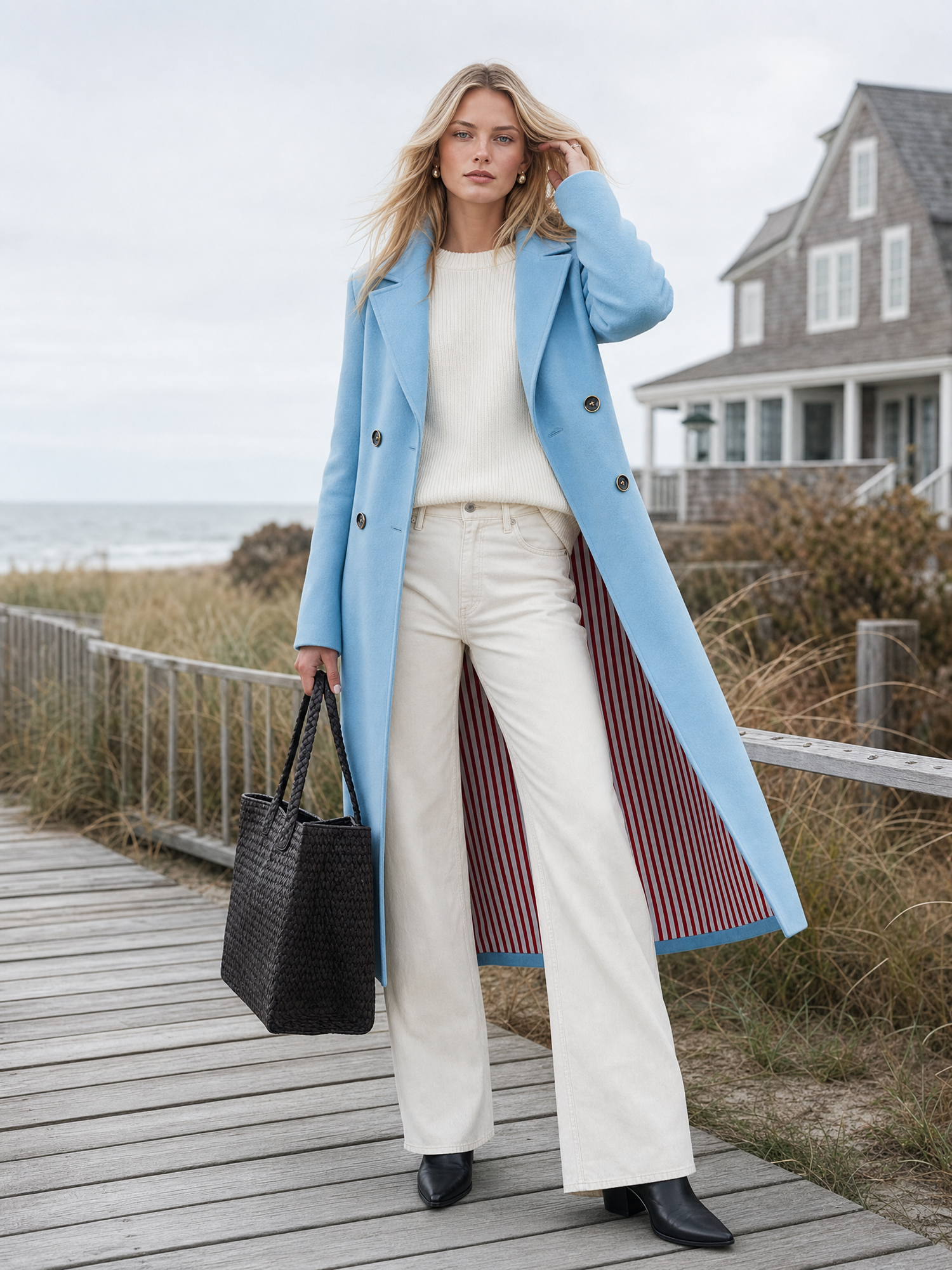 Elegant Classic Lapel Double-breasted Style With Striped Lining Mid-to-long Tweed Coat