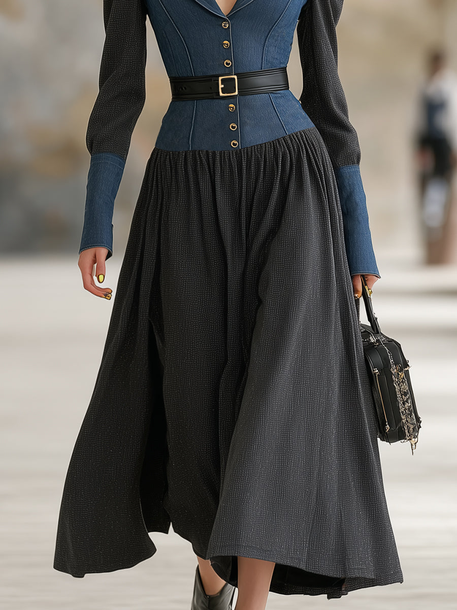 Elegant And Stylish Denim Patchwork Dark Gray Maxi Dress