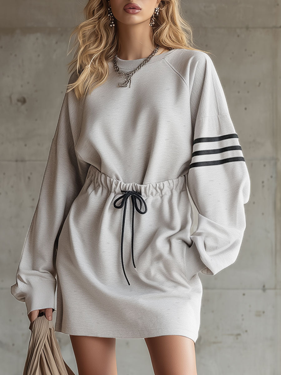 Sporty Retro Striped Grey And White Cotton Blend Long-sleeved Mini Dress