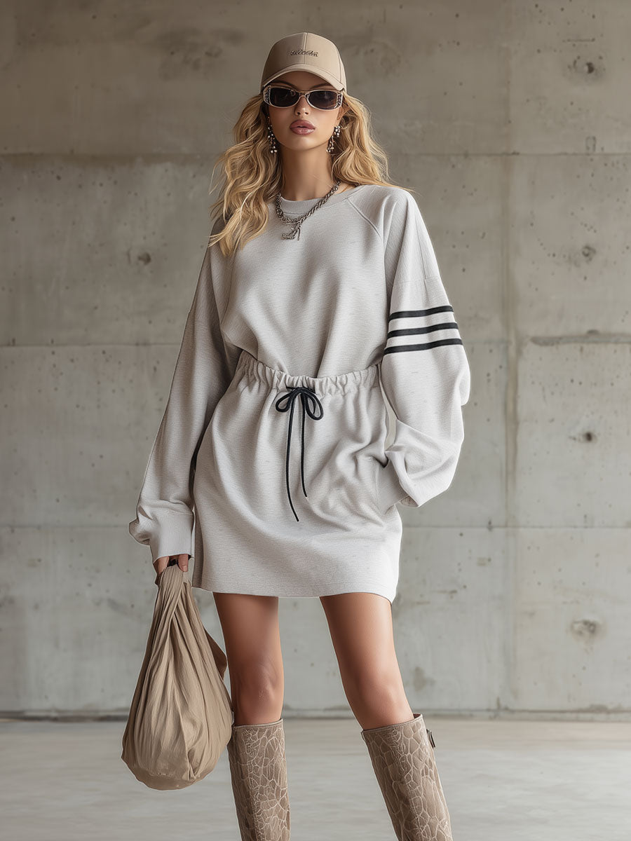 Sporty Retro Striped Grey And White Cotton Blend Long-sleeved Mini Dress
