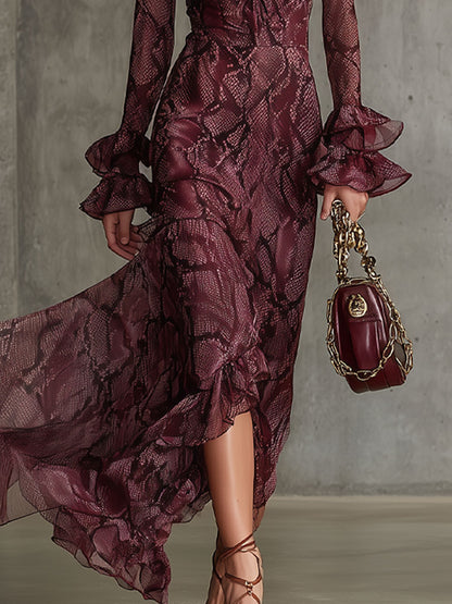Elegant And Fashionable Burgundy Chiffon Snakeskin Pattern Ruffled Long-Sleeved Maxi Dress