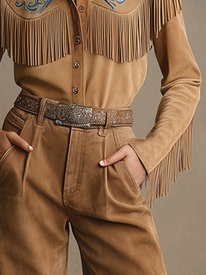 Western Retro Light Brown Faux Suede Wide-leg Pants