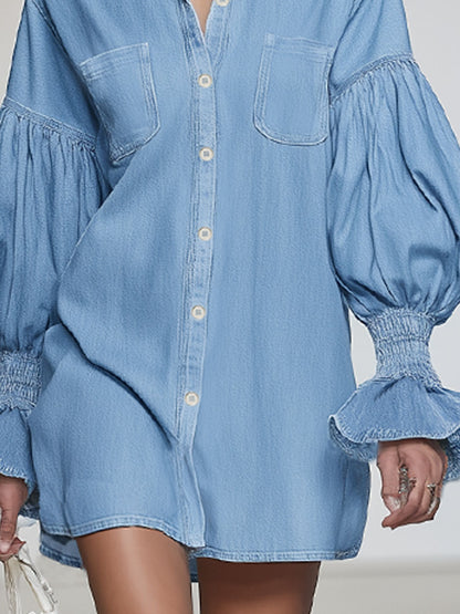 Lapel Collar Single-breasted Dropped-shoulder Puff-sleeved Denim Mini Dress