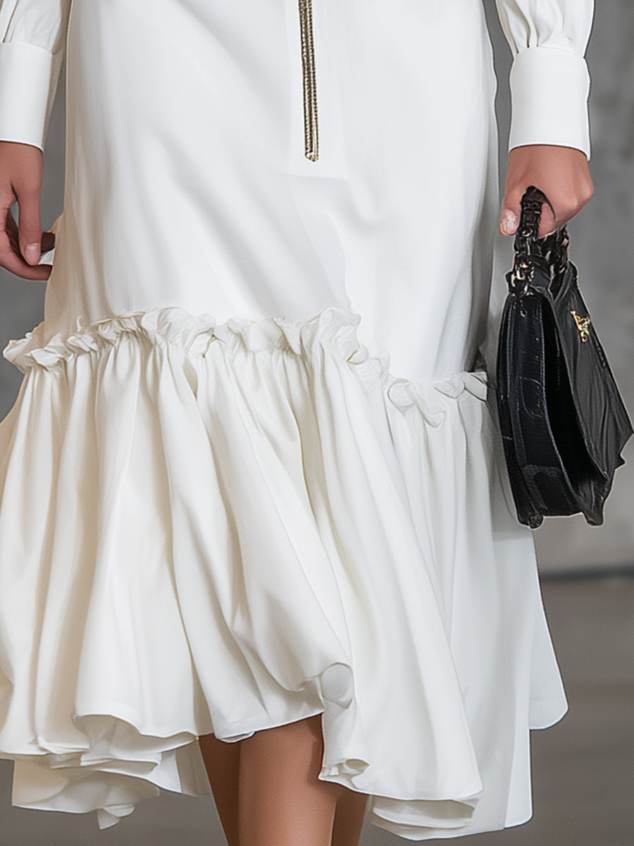Elegant White Cotton And Linen  With Zipper And Ruffle Details Midi Dress