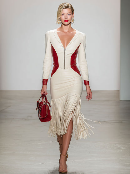 Stylish Retro Fringed Red And White Faux Leather Midi Dress