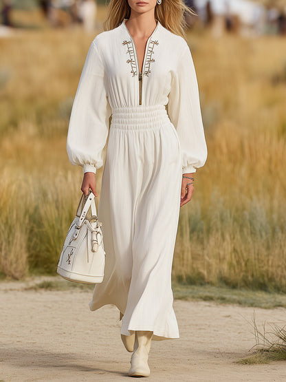 White Western Linen Embroidered Elastic Maxi Dress