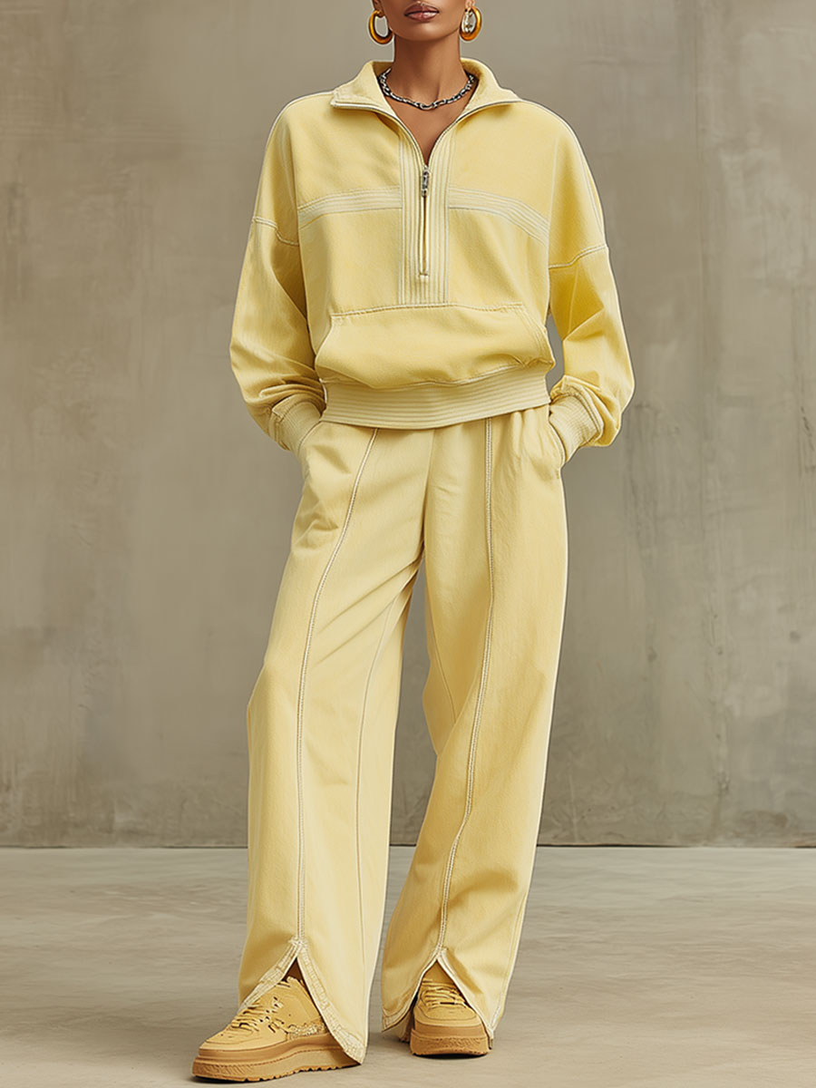 Casual Retro Pale Yellow Cotton Half-zip Sweatshirt And Split Wide-leg Pants Set
