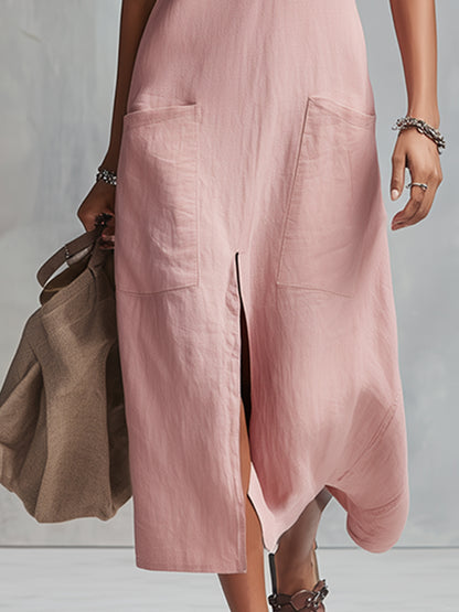 Classic Minimalist V-neck Pink Cotton And Linen Sleeveless Midi Dress