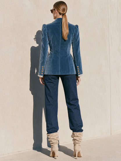 Fashionable Retro Lace-trimmed Lake Blue Velvet Blazer