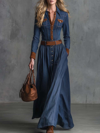 Elegant Retro Western Front Button Brown Suede Trim Dark Blue Denim Maxi Dress