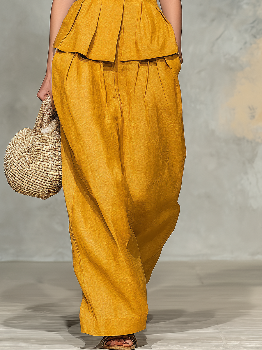 Retro Casual Stand-collar Sleeveless Button-up Top And Trousers Set.