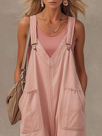 Stylish And Casual Pink Washed Denim Overalls