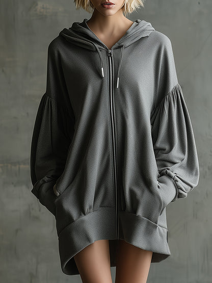Casual And Stylish Dark Gray Hooded Sporty Mini Dress