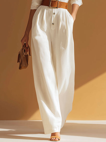 Stylish And Casual Lapel Collar Button-up White Cotton And Linen Jumpsuit