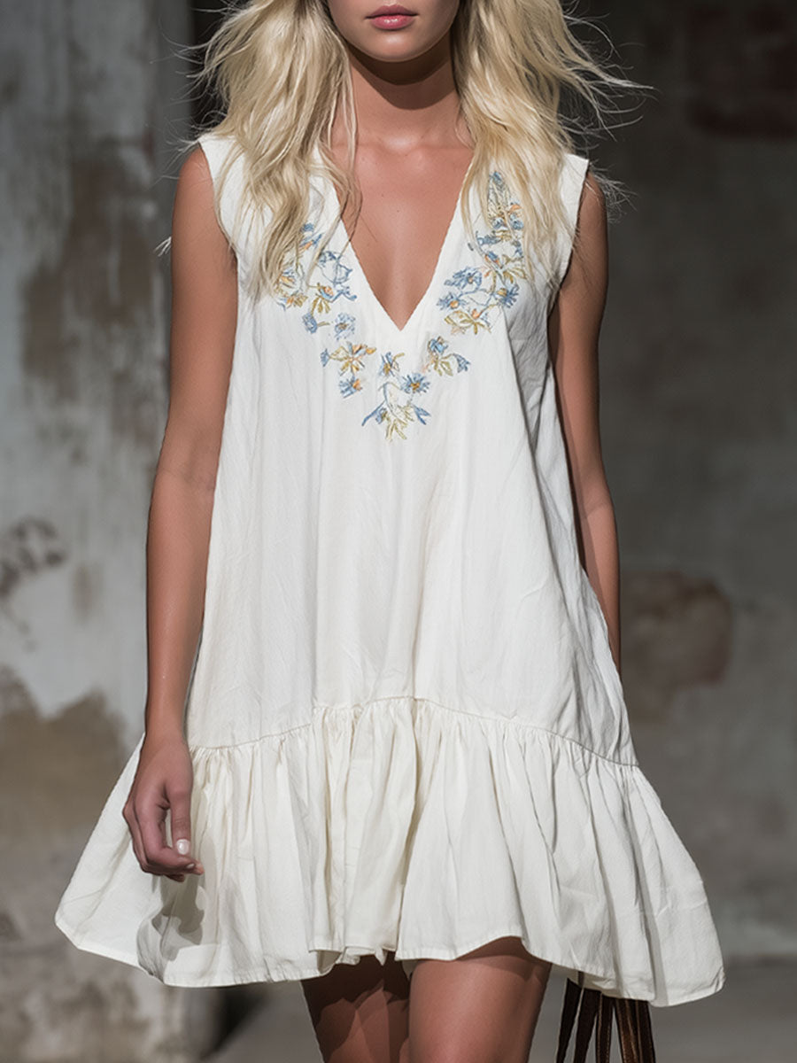 V-neck Floral Embroidered Cotton Sleeveless Mini Dress