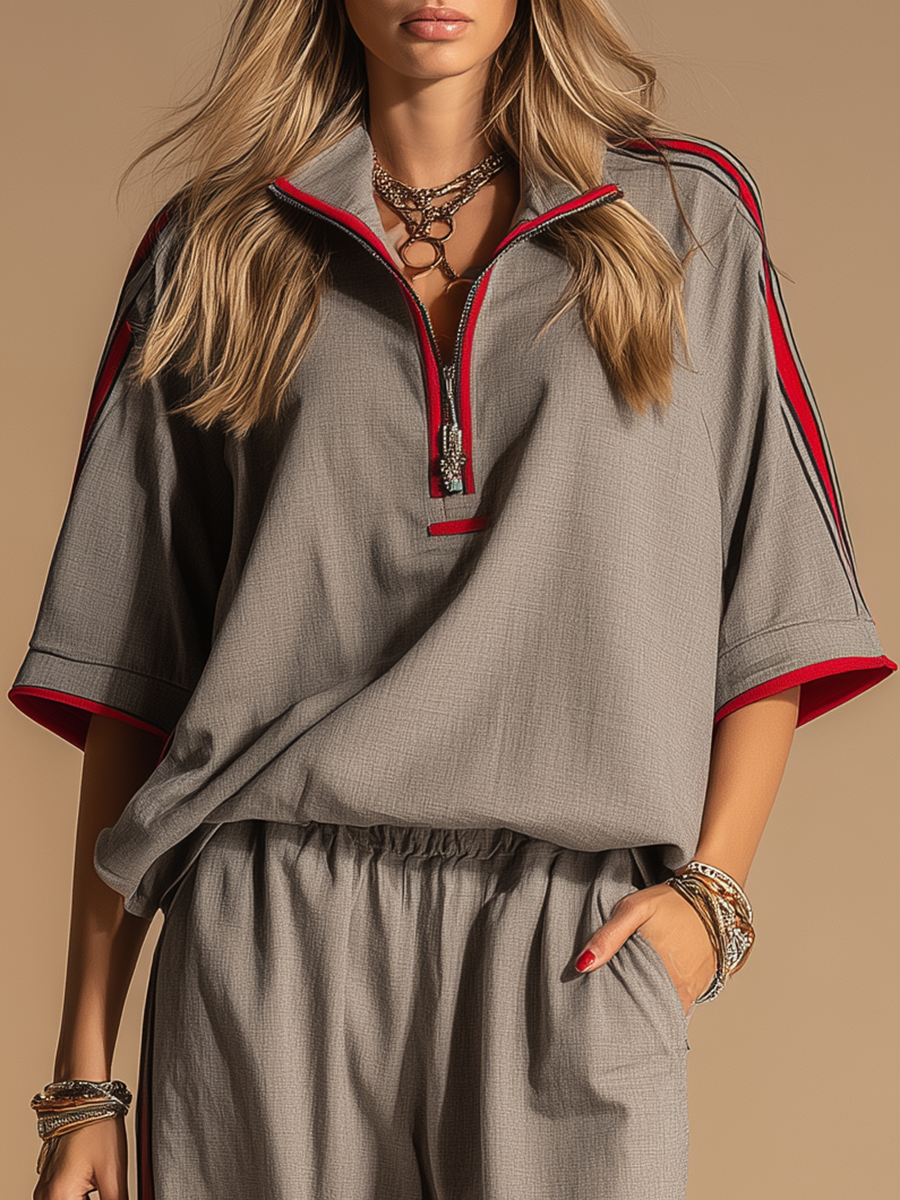 Sporty Retro Short-sleeved Shirt And Wide-leg Pants Set