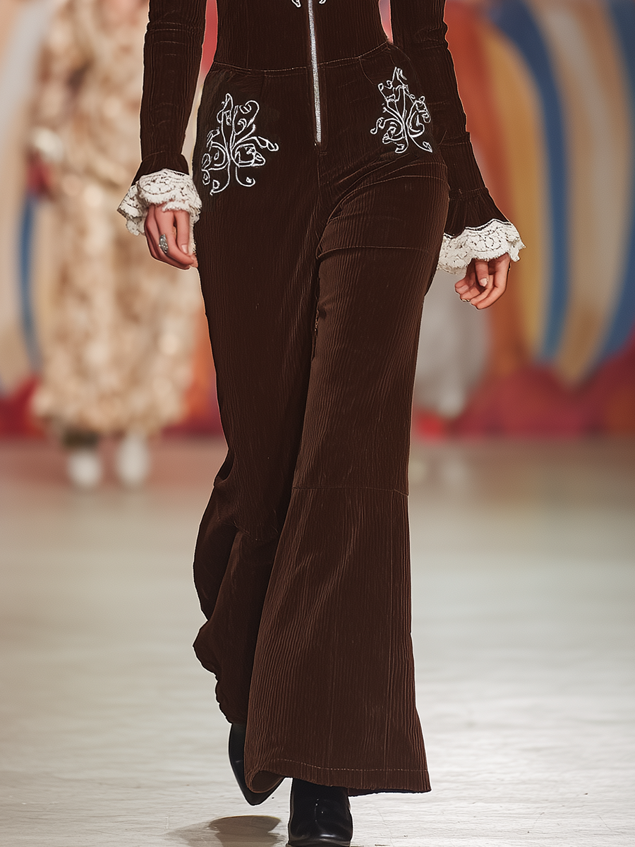 Retro Western Style White Embroidered V-neck Brown Corduroy Jumpsuit