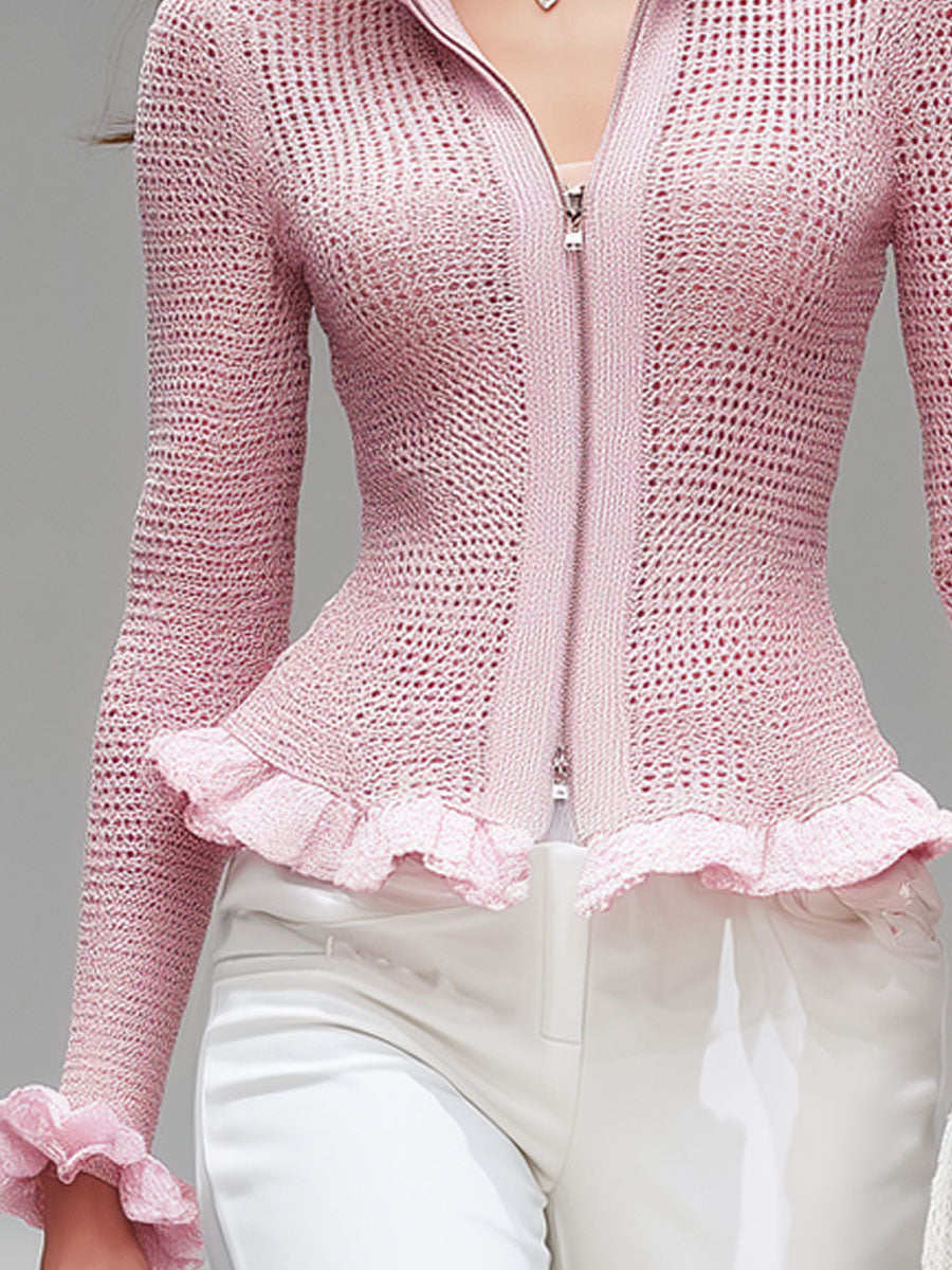 Pink Stand-up Collar Zipper Ruffled Mesh Knit Cardigan